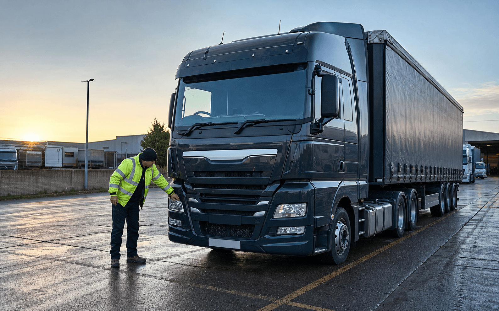 HGV driver inspecting a lorry during an early-morning walkaround check